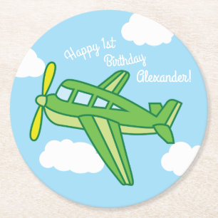 Aeroplanes and Jets Cute 1st Birthday Party Round Paper Coaster
