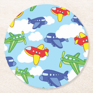Aeroplanes and Jets Cute 1st Birthday Party Round Paper Coaster