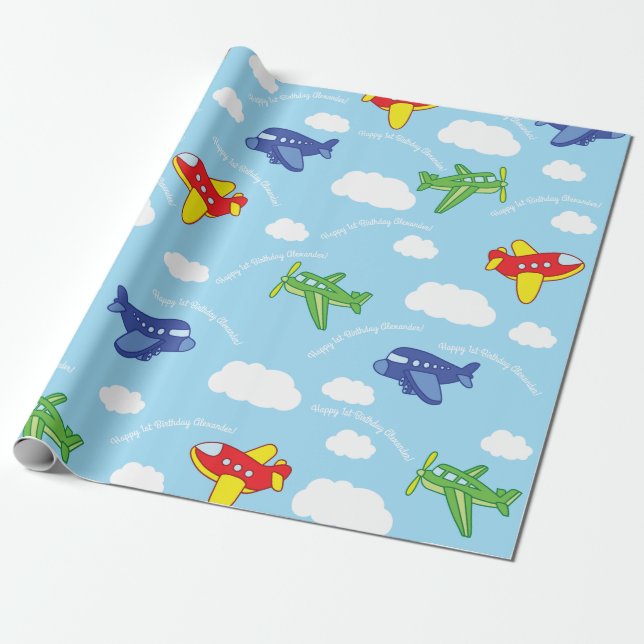 Aeroplanes and Jets Cute 1st Birthday Party Wrapping Paper (Unrolled)