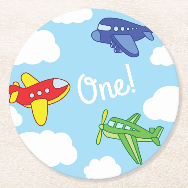 Aeroplanes and Jets Cute Kid's Birthday Party Round Paper Coaster (Front)