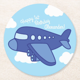 Aeroplanes and Jets Cute Kid's Birthday Party Round Paper Coaster