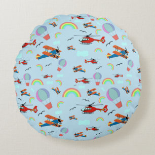 Aeroplanes and Rainbows Blue Round Cushion