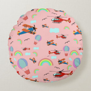 Aeroplanes and Rainbows Pink Round Cushion