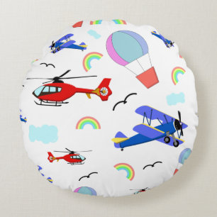 Aeroplanes, Helicopters, & Balloons Round Cushion