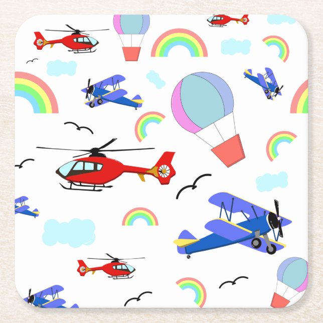 Aeroplanes, Helicopters, & Balloons Square Paper Coaster (Front)