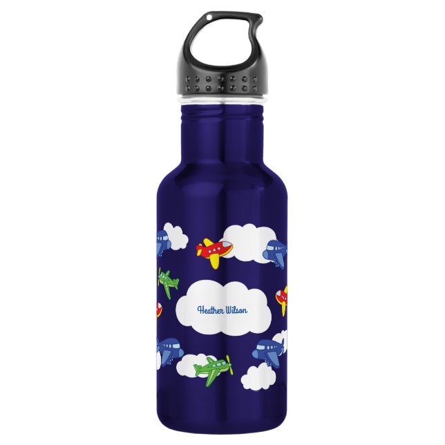 Aeroplanes Jets Cute Kids Water Bottle with Name (Front)