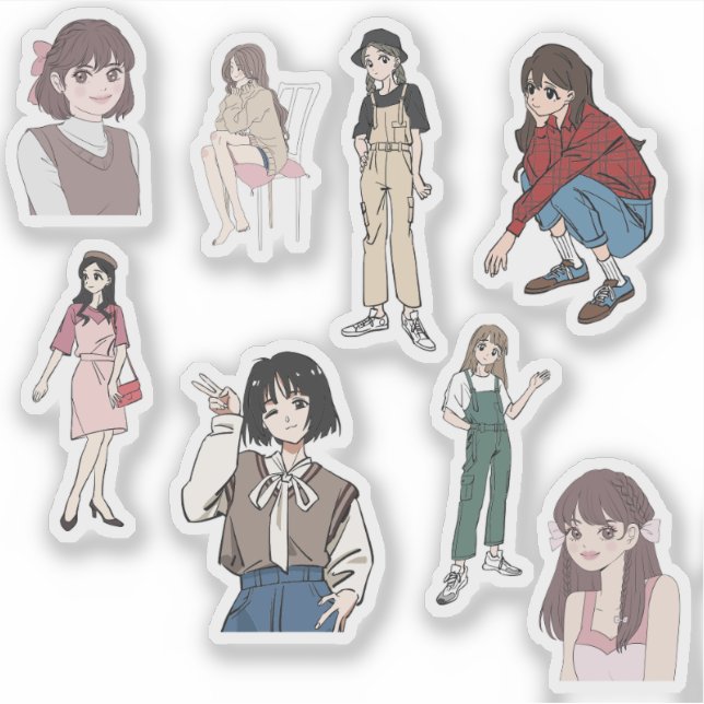 Aesthetic Anime Girl Outfit Vinyl Sticker Set (Front)