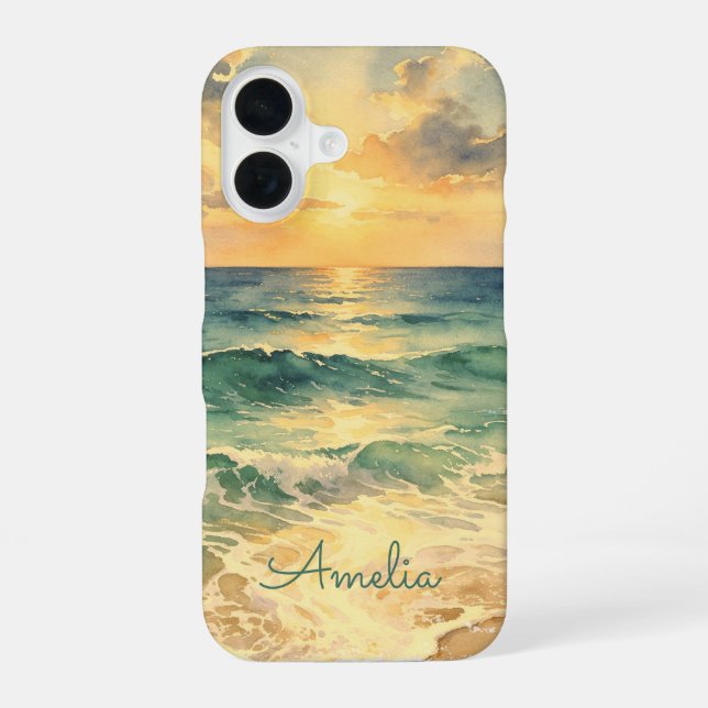 Aesthetic Beach Sunset Watercolor Custom Name iPhone 16 Case (Back)
