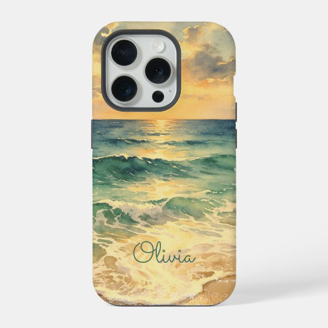 Aesthetic Beach Sunset Watercolor Custom Name iPhone Case (Back)