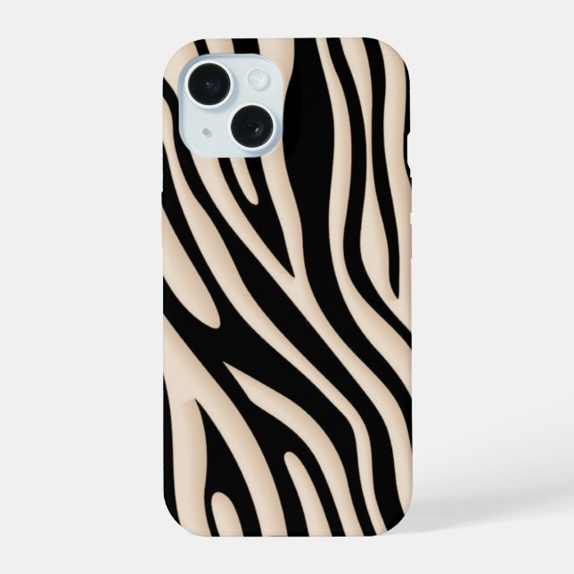 Aesthetic Beige and Black Zebra Stripe Pattern  iPhone 15 Case (Back)