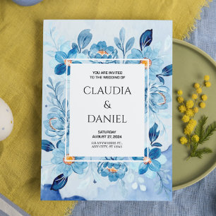 Aesthetic Blue Boho Floral Elegant Wedding Invitation