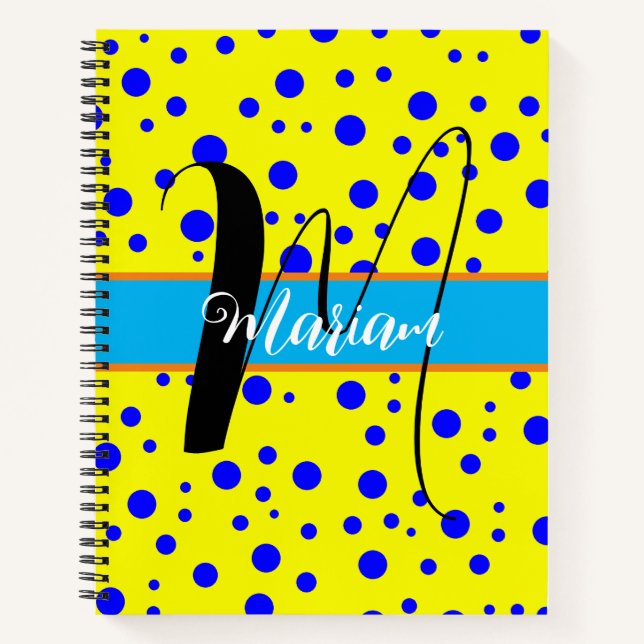 Aesthetic Blue Dots & Yellow Colour - Name Monogra Notebook (Front)