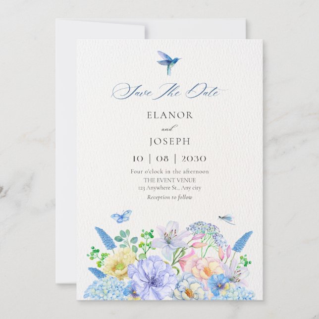 Aesthetic blue floral garden wedding save the date (Front)