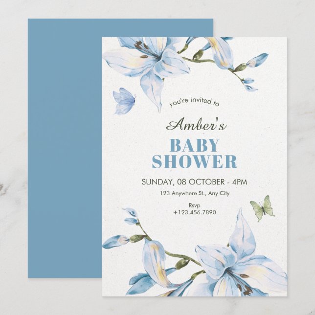 Aesthetic blue flower bloom baby shower invitation (Front/Back)