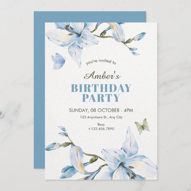 Aesthetic blue flower bloom birthday invitation (Front/Back)