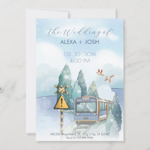 Aesthetic blue journey train wedding  invitation