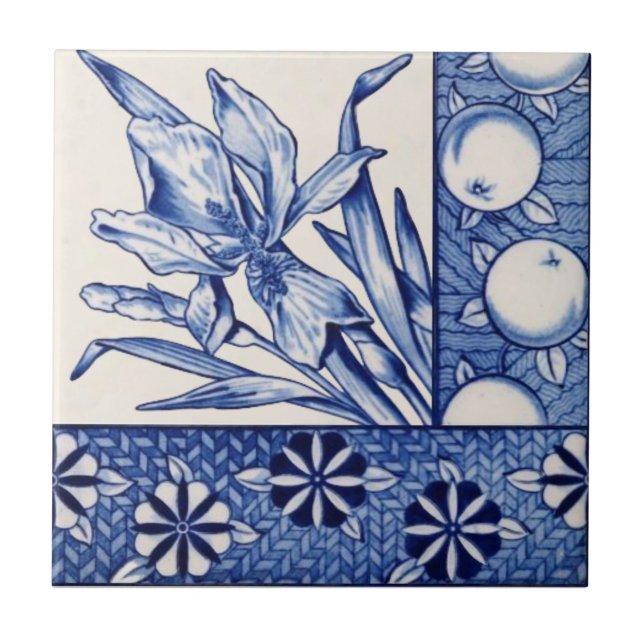Aesthetic Blue White Botanical Antique Repro Ceramic Tile (Front)