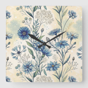 Aesthetic Blue Wildflowers Square Wall Clock