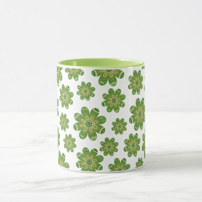 Aesthetic Bohemian Flower Geometric Name Green Mug (Center)