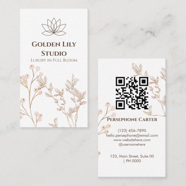 Aesthetic Botanical Golden Floral Soft Beige Clean Business Card (Front/Back)
