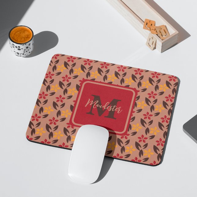 Aesthetic Brown Burgundy Monogram Floral Pattern Mouse Pad (Creator Uploaded)
