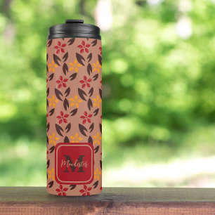 Aesthetic Brown Burgundy Monogram Floral Pattern Thermal Tumbler