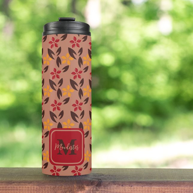 Aesthetic Brown Burgundy Monogram Floral Pattern Thermal Tumbler (Creator Uploaded)