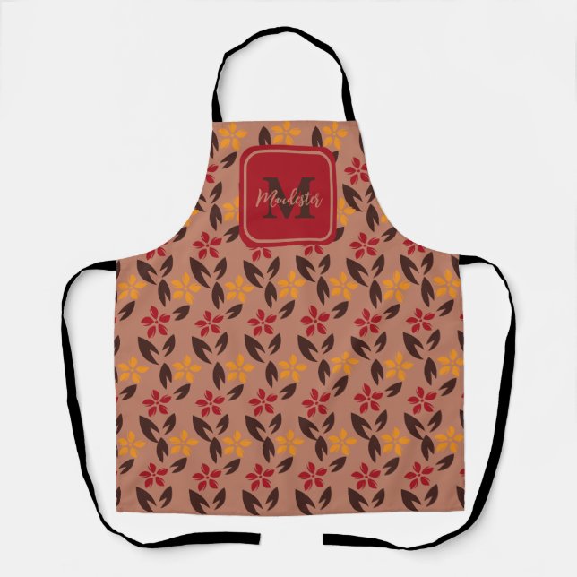 Aesthetic Brown Red Chic Monogram Floral Pattern Apron (Front)