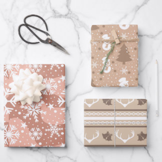 Aesthetic Brown Snowflakes, Snowmen and reindeer Wrapping Paper Sheet