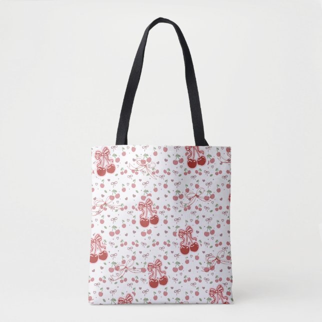 Aesthetic Cherry Tote Bag with Hearts & Bow (Front)
