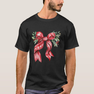 Aesthetic Christmas Floral Red Plaid Bow Mistletoe T-Shirt