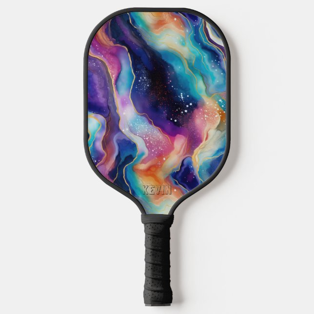 Aesthetic colourful glitter agate texture monogram pickleball paddle (Front)