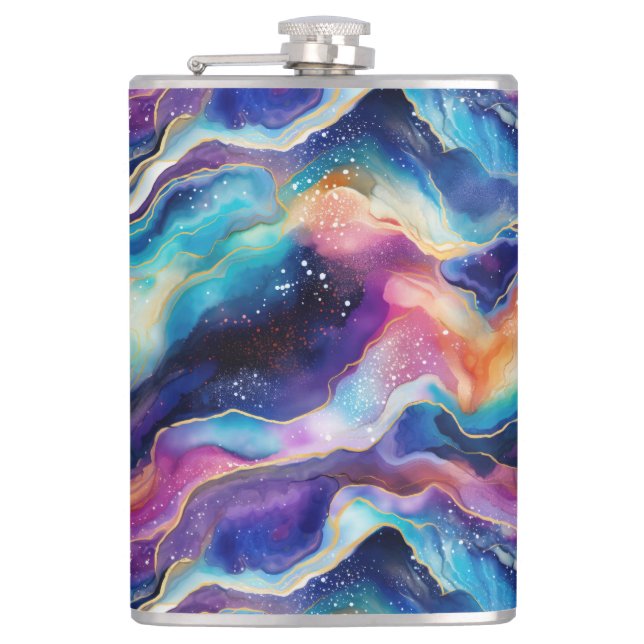 Aesthetic colourful rainbow agate glitter texture hip flask (Front)