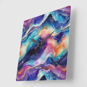 Aesthetic colourful rainbow glitter agate  square wall clock