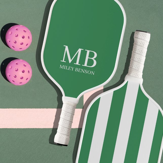 Aesthetic Country Club Green Stripes Monogram Cute Pickleball Paddle (Monogrammed Pickleball Paddle - Green and White Stripes)