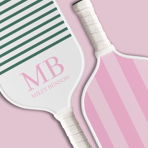 Aesthetic Country Club Pink Stripes Monogram Cute Pickleball Paddle