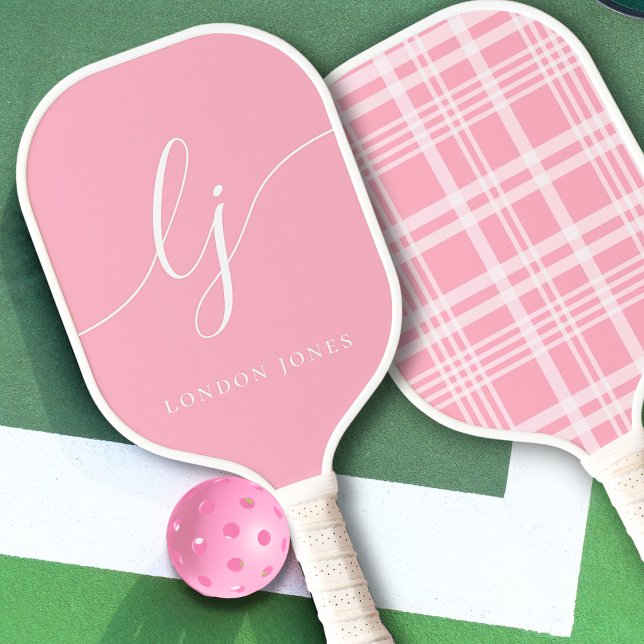 Aesthetic Country Club Pink Stripes Plaid Monogram Pickleball Paddle (Creator Uploaded)