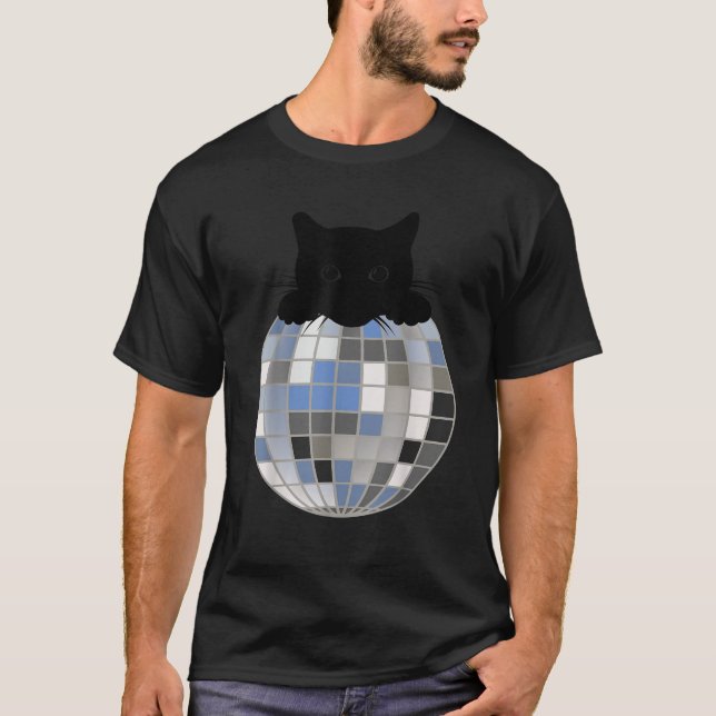 Aesthetic Disco Ball Winter Snow Black Cat Disco C T-Shirt (Front)