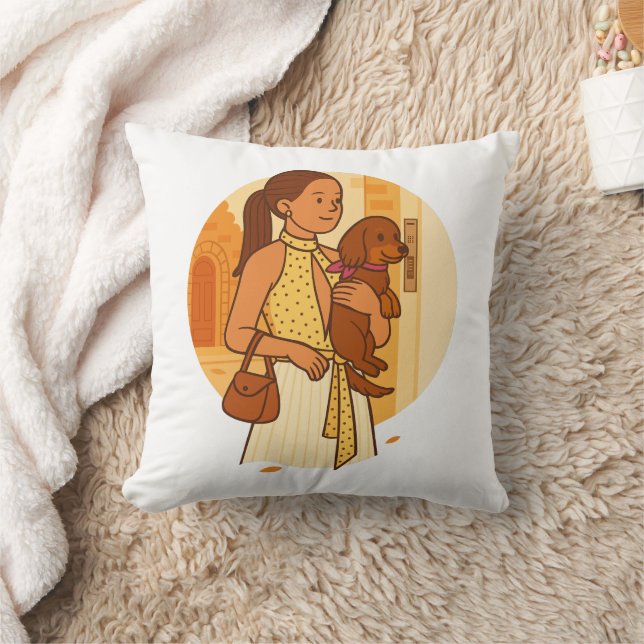 Aesthetic Dog Mom Holding Puppy Illustration Cushion (Blanket)
