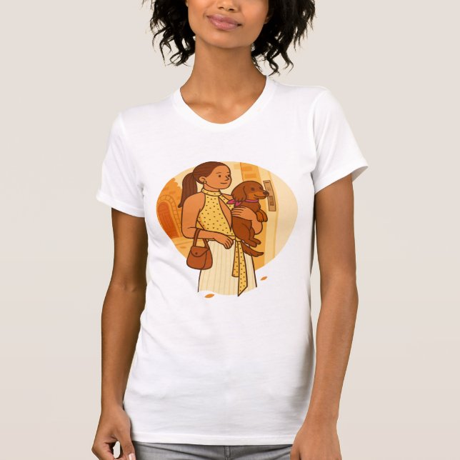 Aesthetic Dog Mom Holding Puppy Illustration T-Shirt (Front)