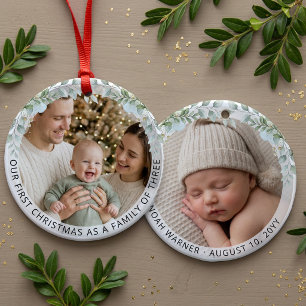 Aesthetic Family of Three First Christmas Photo Ceramic Ornament