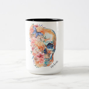 Aesthetic Floral Sugar Skull with Butterfly Two-Tone Coffee Mug