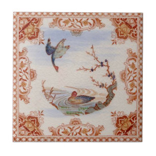 Aesthetic French Transferware with Ducks Repro Ceramic Tile