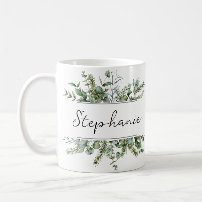 Aesthetic Fresh Greenery Personalise Name Coffee Mug (Left)