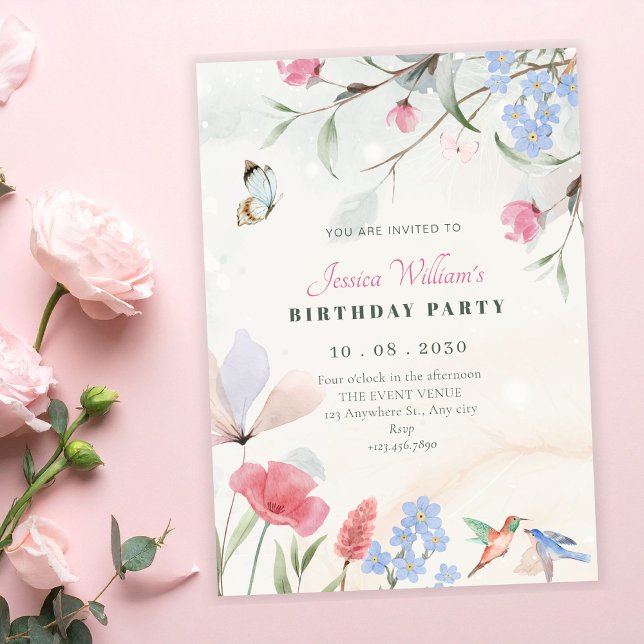 Aesthetic garden floral, bird, butterfly birthday invitation (Creator Uploaded)