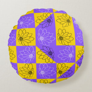 Aesthetic Geometric chessboard Floral Pattern Round Cushion