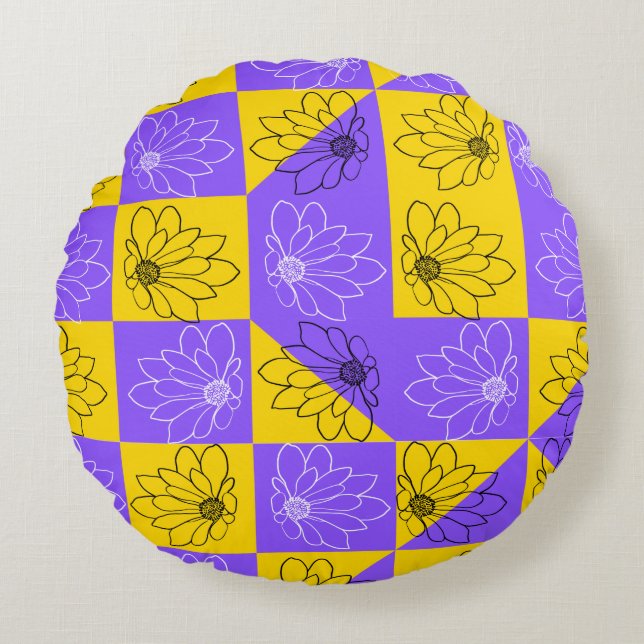 Aesthetic Geometric chessboard Floral Pattern Round Cushion (Front)