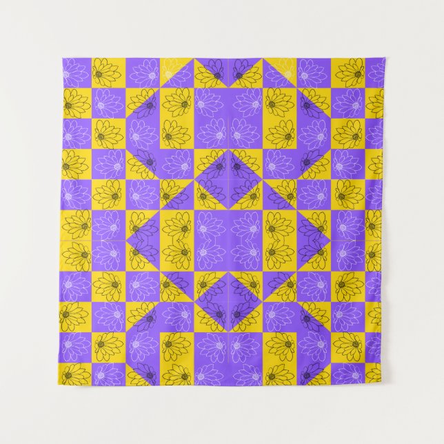Aesthetic Geometric chessboard Floral Pattern Tapestry (Front)