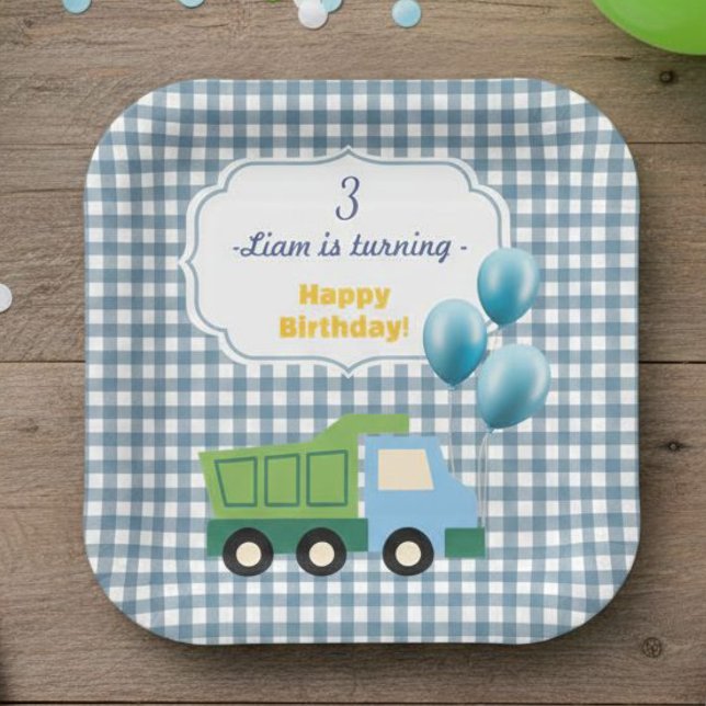 Aesthetic Gingham Blue Construction 3rd Birthday  Paper Plate (Creator Uploaded)