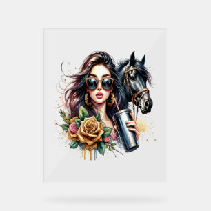 Aesthetic Girl Horse Glitter Roses Acrylic Sign